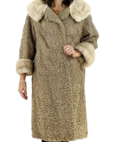 Women’s Real Astrakhan Curly Lamb Mink Fur Collar Coat