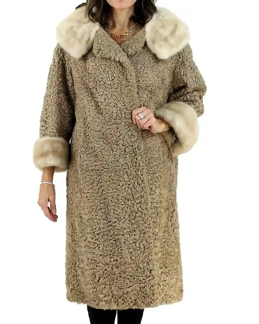 Women’s Real Astrakhan Curly Lamb Mink Fur Collar Coat Women’s Real Astrakhan Curly Lamb Mink Fur Collar Coat