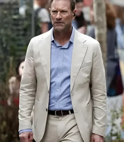 Aaron Eckhart The Bricklayer 2024 White Blazer