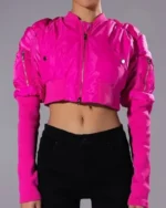 The Chi Zaria Imani Primer Pink Cropped Bomber Jacket