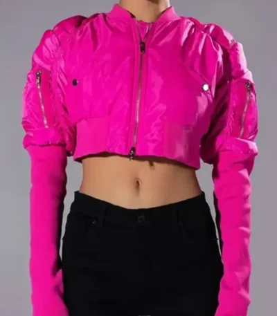 The Chi Zaria Imani Primer Pink Cropped Bomber Jacket
