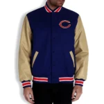Chicago Bears Navy Blue and Off White Letterman Jacket