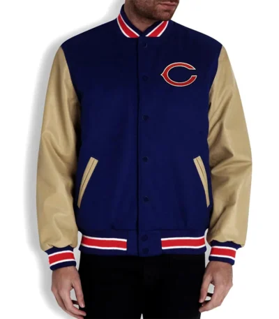 Chicago Bears Navy Blue and Off White Letterman Jacket