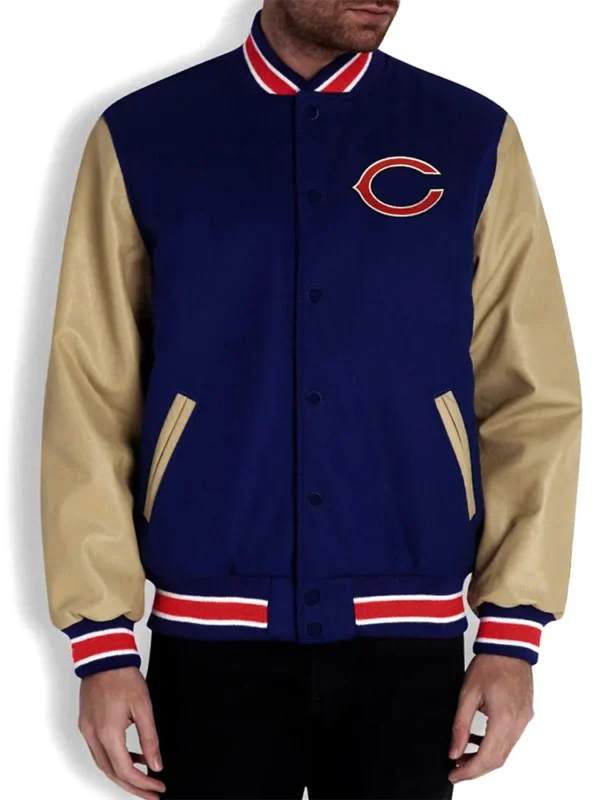 Chicago Bears Navy Blue and Off White Letterman Jacket