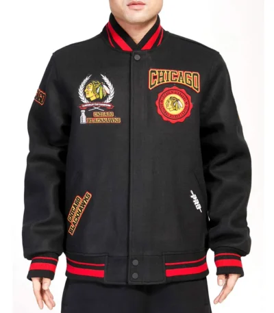 Chicago Blackhawks Black Crest Varsity Wool Jacket