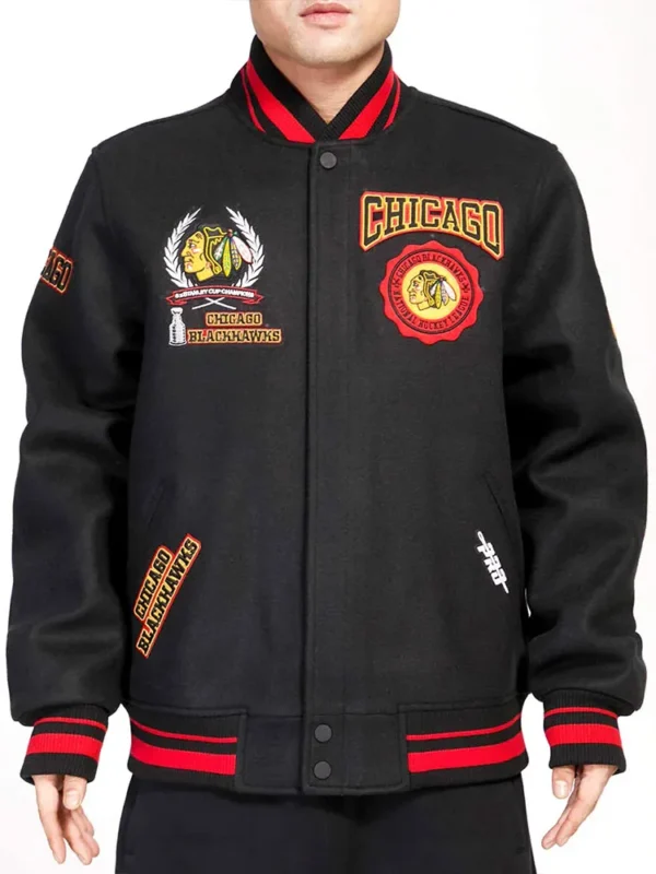 Chicago Blackhawks Black Crest Varsity Wool Jacket
