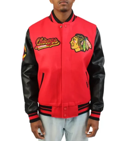 Chicago Blackhawks Red and Black Varsity Wool-Leather Jacket