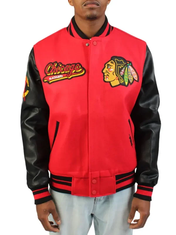 Chicago Blackhawks Red and Black Varsity Wool-Leather Jacket