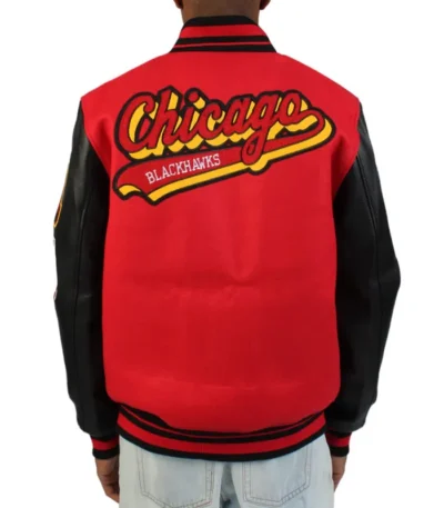 Chicago Blackhawks Red and Black Varsity Wool-Leather Jacket
