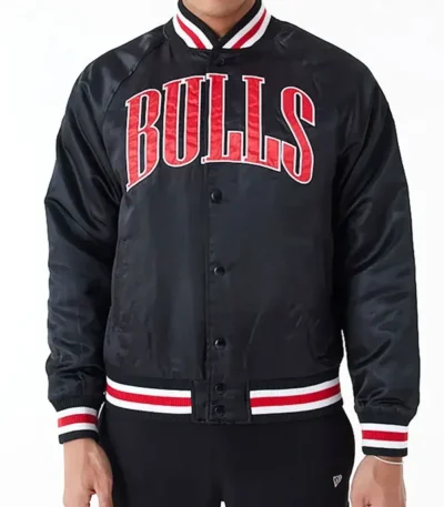 Applique Chicago Bulls Black Bomber Satin Jacket