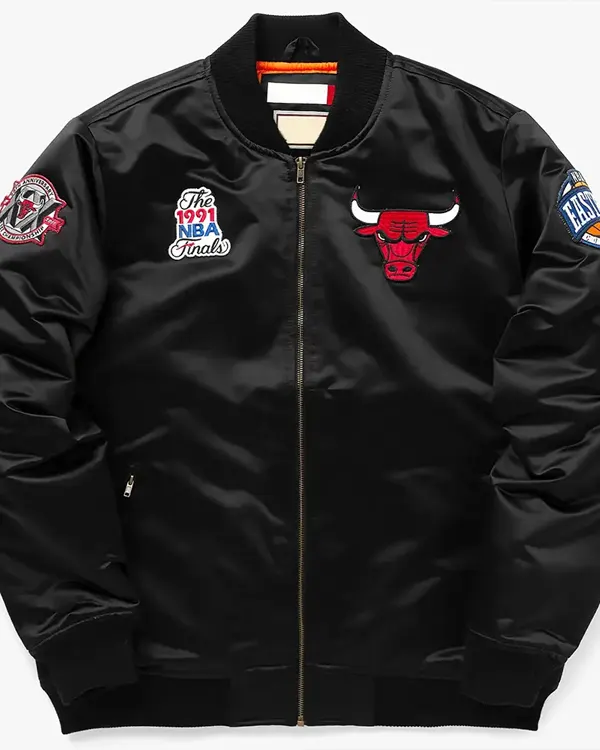 Chicago Bulls Bomber Black Satin Jacket Chicago Bulls Bomber Black Satin Jacket