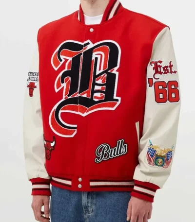 Red And White Chicago Bulls Varsity Wool Jacket
