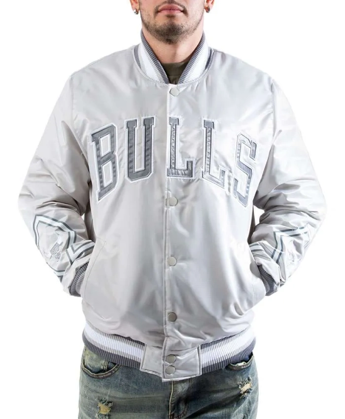 Chicago Bulls Silver Varsity Satin Jacket Chicago Bulls Silver Varsity Satin Jacket