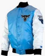 Tobacco Chicago Bulls Road Blue And White Satin Varsity Jacket
