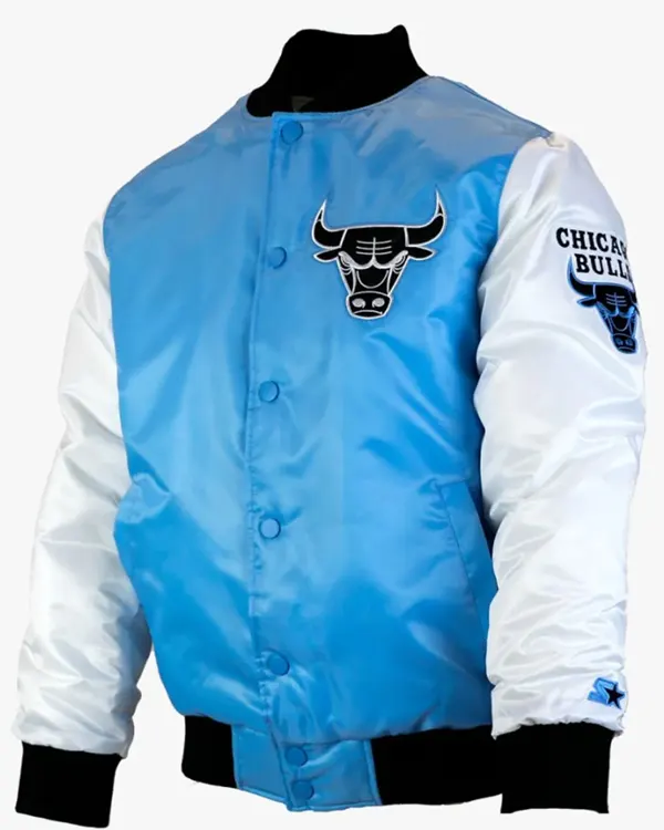 Tobacco Chicago Bulls Road Blue And White Satin Varsity Jacket Tobacco Chicago Bulls Road Blue And White Satin Varsity Jacket