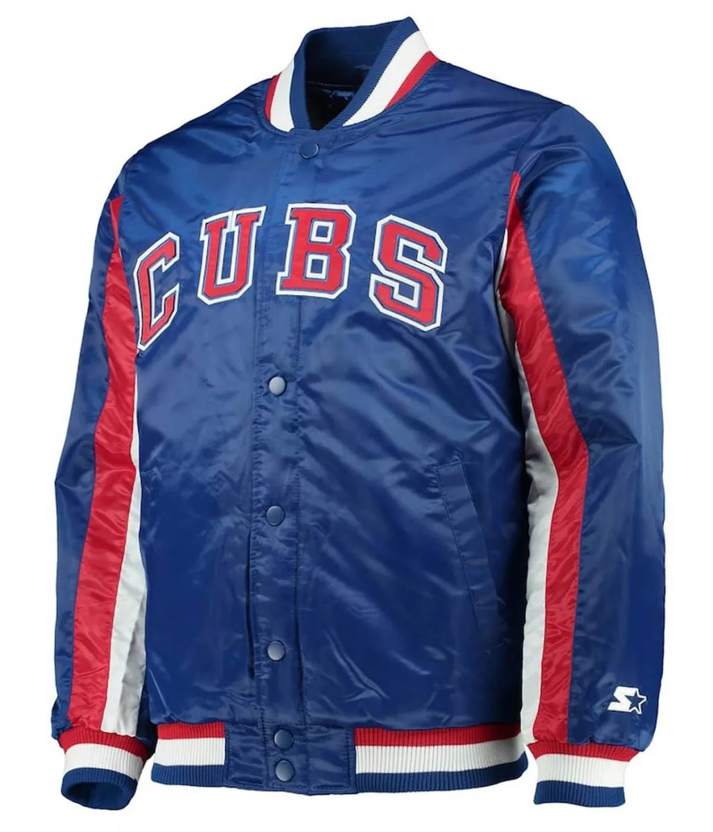 Chicago Cubs The Ace Full-Snap Royal Blue Varsity Satin Jacket Chicago Cubs The Ace Full-Snap Royal Blue Varsity Satin Jacket
