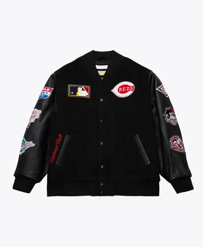 Cincinnati Reds Black Out Vintage Logo Varsity Jacket Cincinnati Reds Black Out Vintage Logo Varsity Jacket