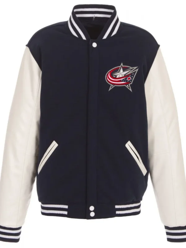 Columbus Blue Jackets Bomber Varsity Blue and White Jacket