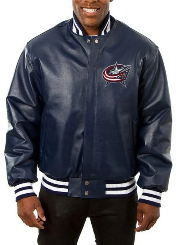 Columbus Blue Jackets Navy Blue Bomber Leather Jacket