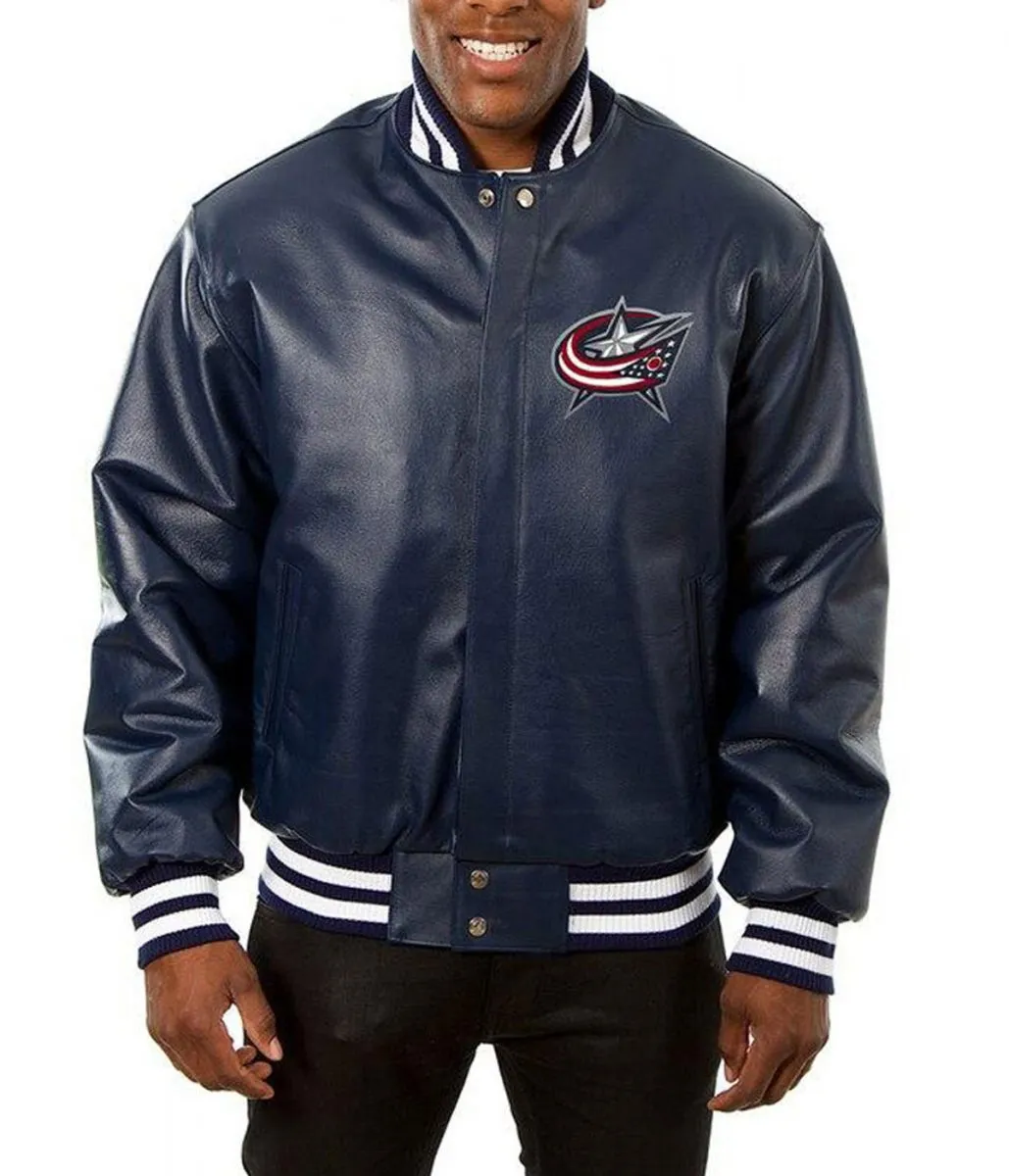 Columbus Blue Jackets Navy Blue Bomber Leather Jacket Columbus Blue Jackets Navy Blue Bomber Leather Jacket