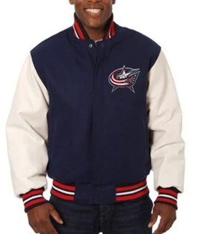 Columbus Blue Jackets White Leather and Wool Blue Jacket