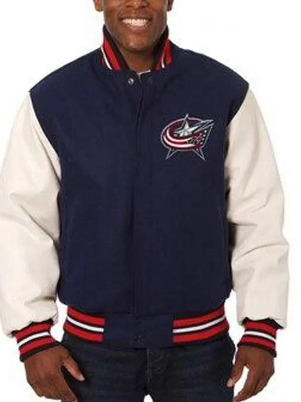 Columbus Blue Jackets White Leather and Wool Blue Jacket