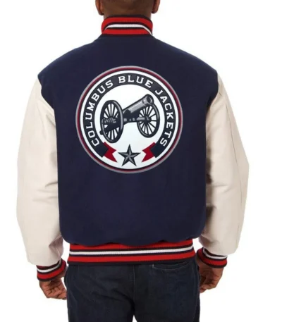Columbus Blue Jackets White Leather and Wool Blue Jacket