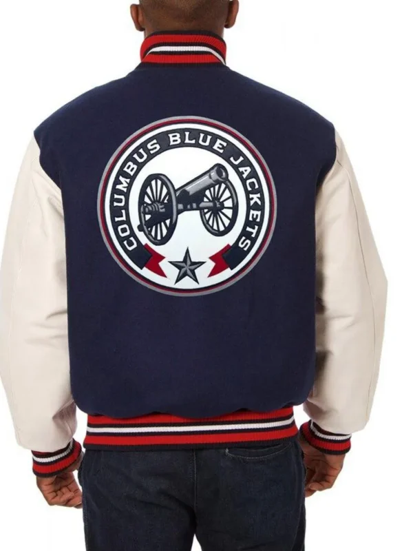 Columbus Blue Jackets White Leather and Wool Blue Jacket