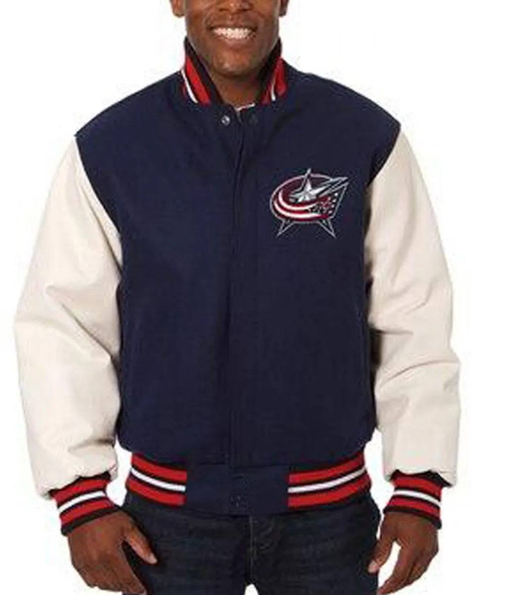 Columbus Blue Jackets White Leather and Wool Blue Jacket Columbus Blue Jackets White Leather and Wool Blue Jacket