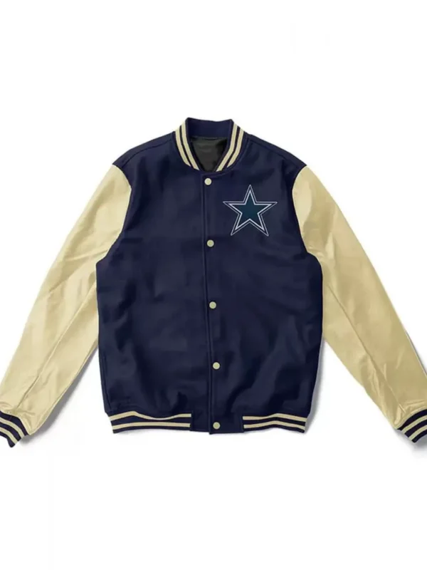 Cream and Navy Blue Dallas Cowboys Varsity Jacket