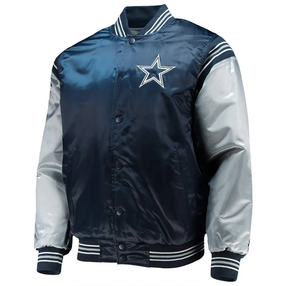 Dallas Cowboys Enforcer Navy-Silver Varsity Satin Jacket Dallas Cowboys Enforcer Navy-Silver Varsity Satin Jacket