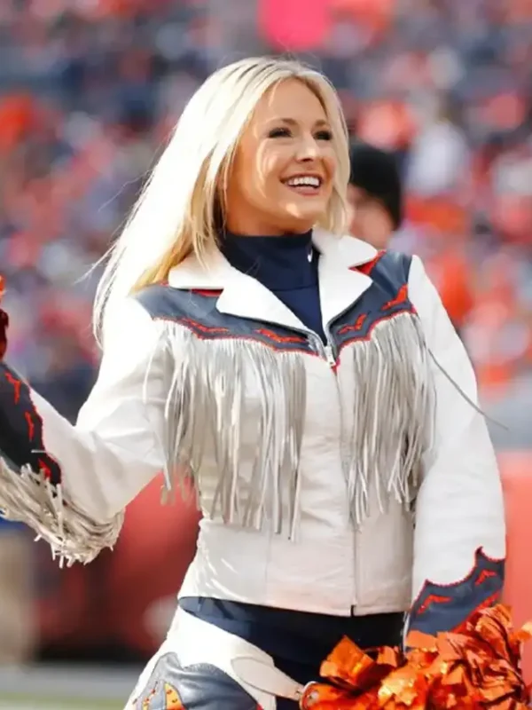 Denver Broncos Cheerleaders White Fringe Jacket