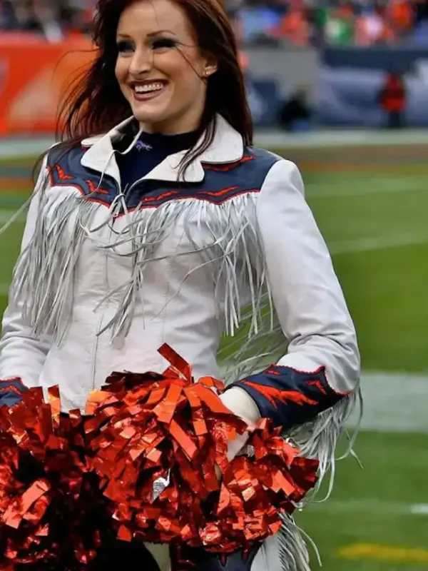 Denver Broncos Cheerleaders White Fringe Jacket