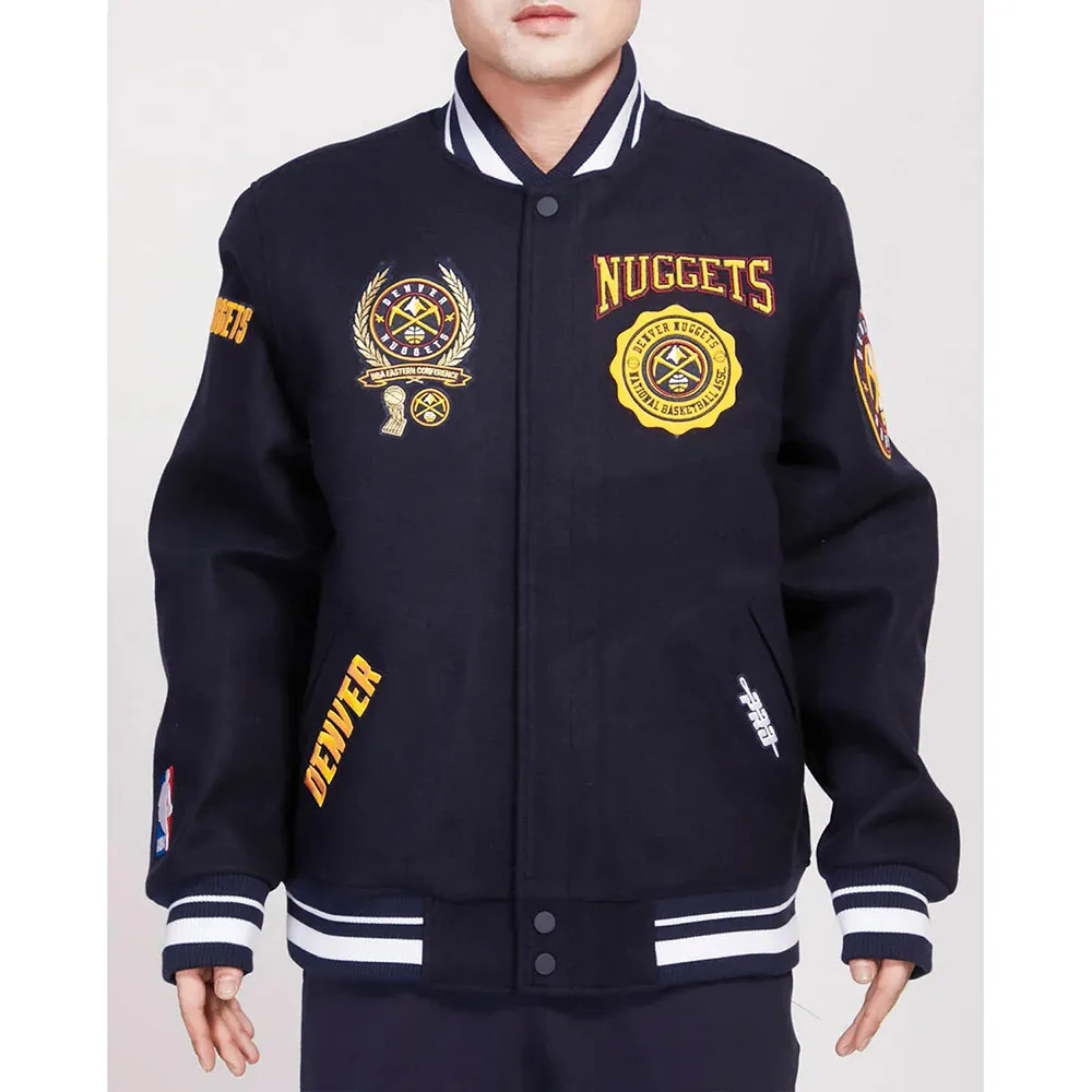 Denver Nuggets Crest Emblem Navy Varsity Wool Jacket Denver Nuggets Crest Emblem Navy Varsity Wool Jacket