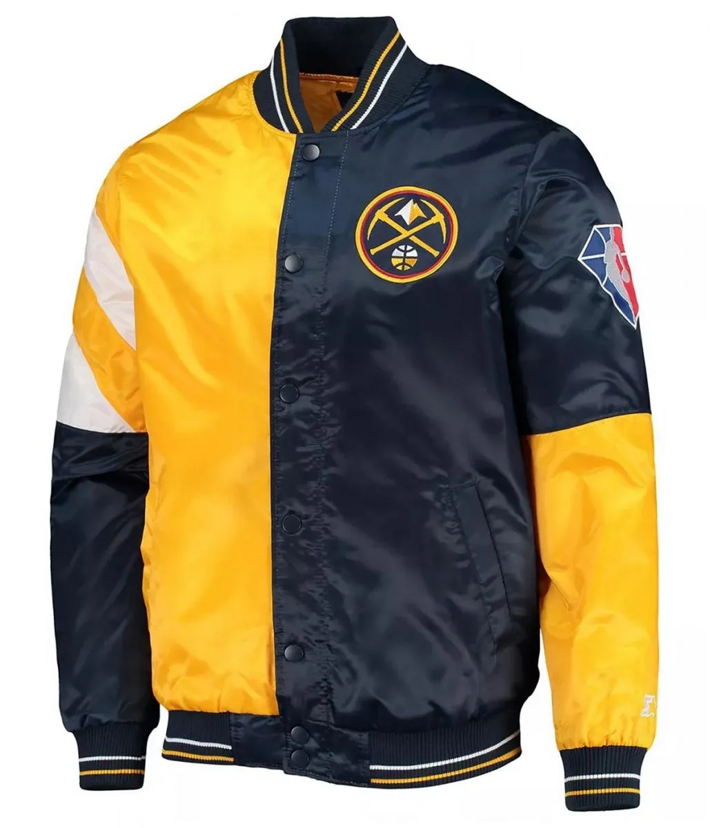Denver Nuggets Full-Snap Color Block Satin Yellow and Navy Blue Jacket Denver Nuggets Full-Snap Color Block Satin Yellow and Navy Blue Jacket