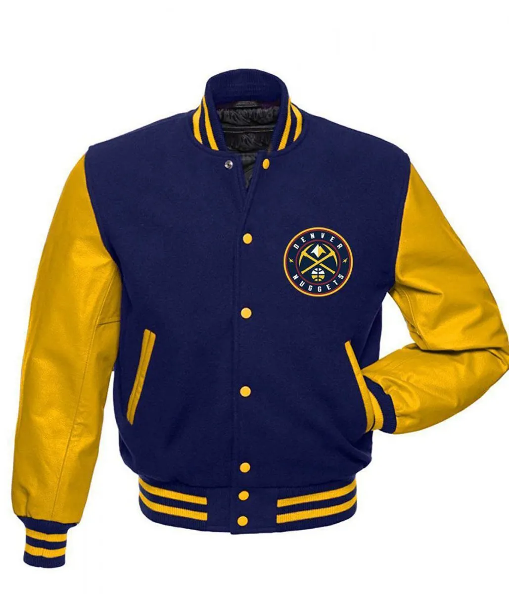 Denver Nuggets NBA Blue and Yellow Varsity Jacket Denver Nuggets NBA Blue and Yellow Varsity Jacket
