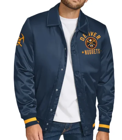Denver Nuggets Stitch Applique Navy Satin Jacket