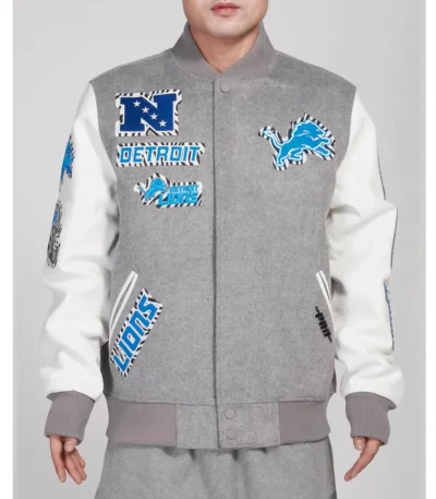 Detroit Lions Animal Patches Gray Varsity Jacket