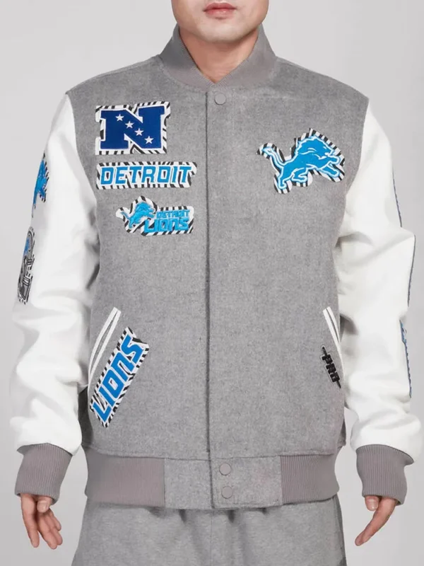 Detroit Lions Animal Patches Gray Varsity Jacket