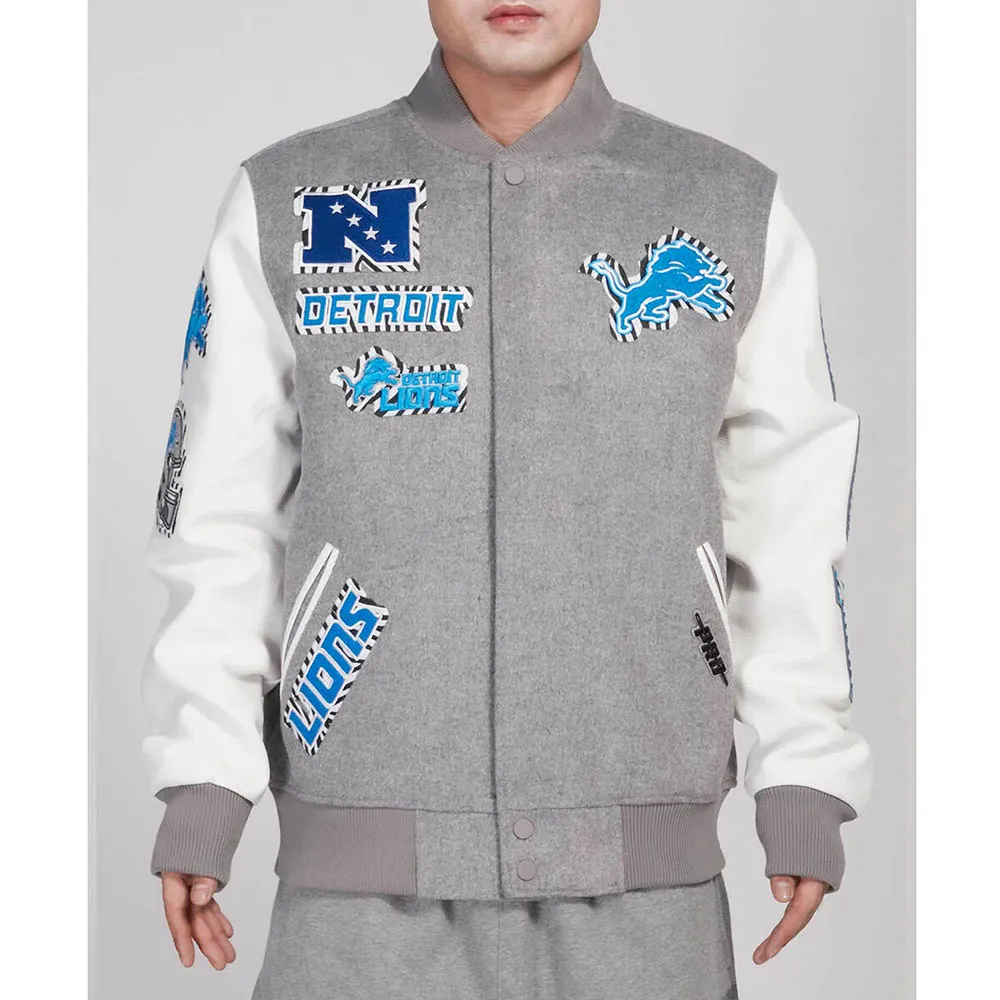 Detroit Lions Animal Patches Gray Varsity Jacket Detroit Lions Animal Patches Gray Varsity Jacket
