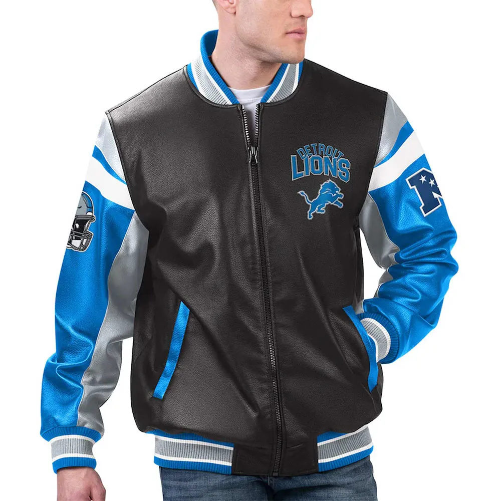 Detroit Lions Black Varsity Full-Zip Leather Jacket Detroit Lions Black Varsity Full-Zip Leather Jacket