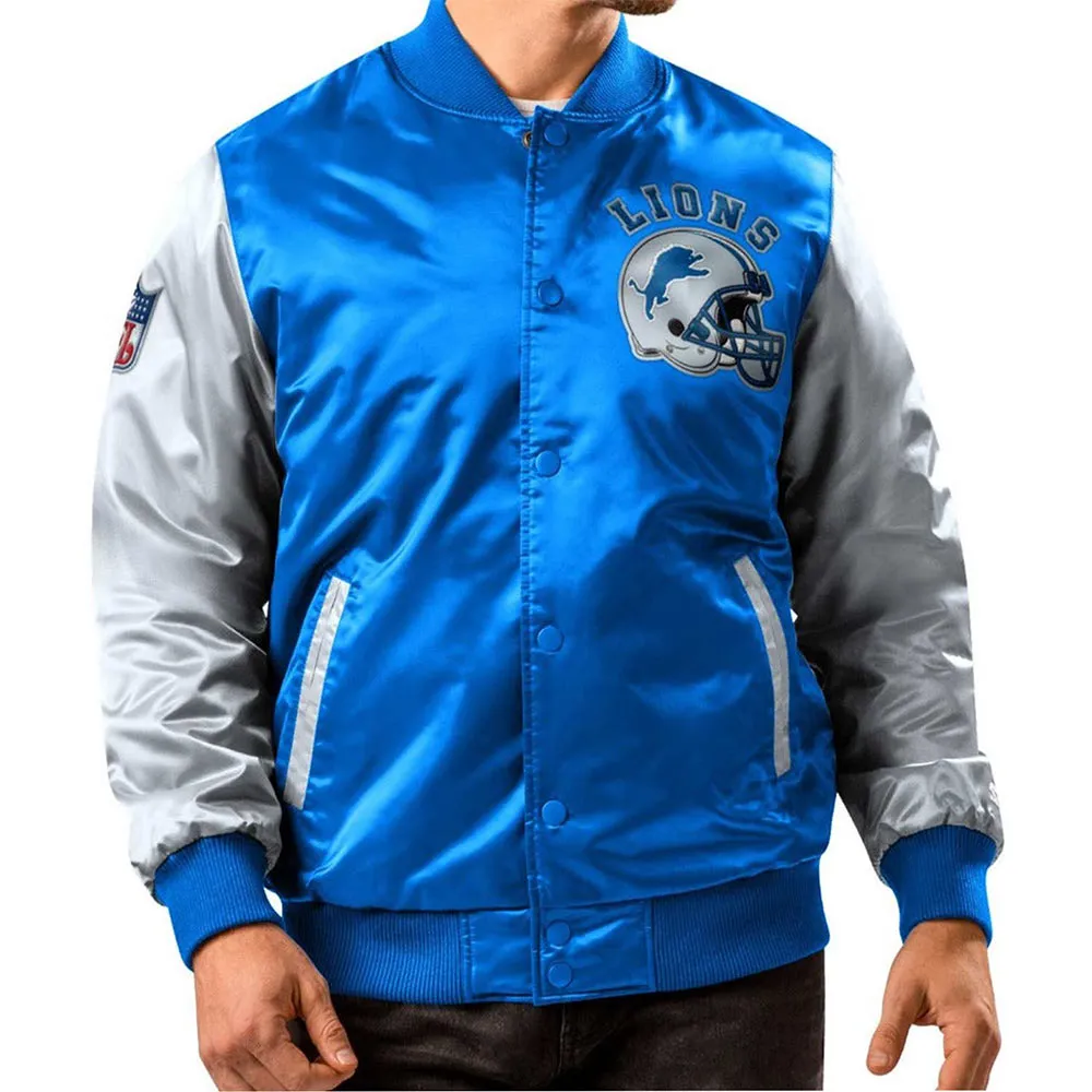 Detroit Lions Blue and Gray Varsity Satin Jacket Detroit Lions Blue and Gray Varsity Satin Jacket