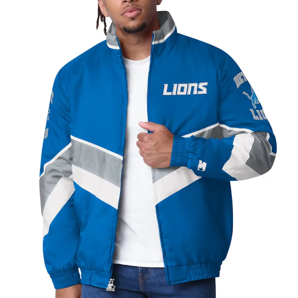 Detroit Lions Captain Royal Varsity Satin Jacket Detroit Lions Captain Royal Varsity Satin Jacket