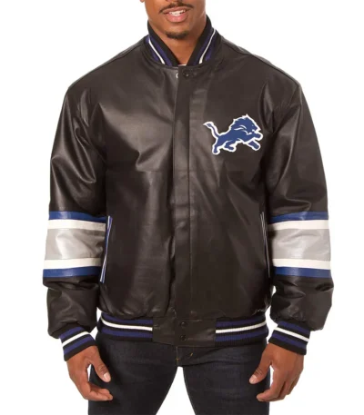 Detroit Lions Striped Varsity Black Leather Jacket