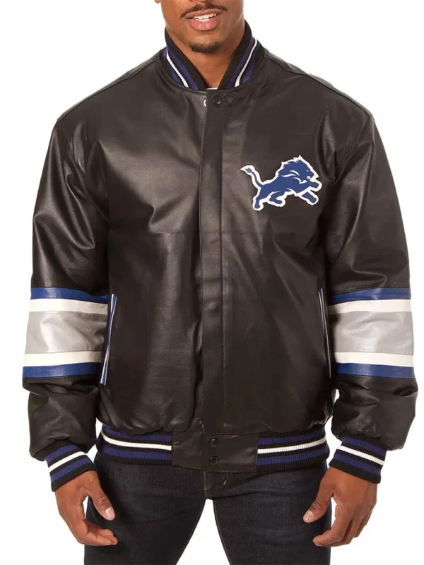 Detroit Lions Striped Varsity Black Leather Jacket