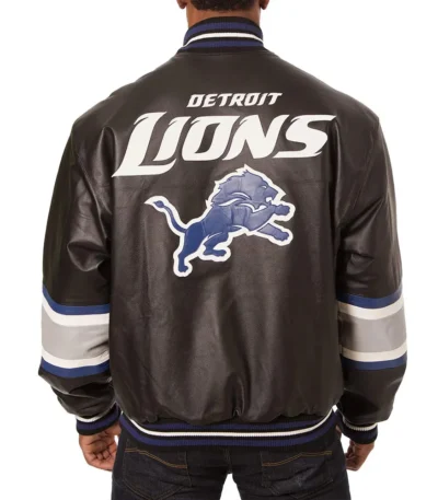 Detroit Lions Striped Varsity Black Leather Jacket