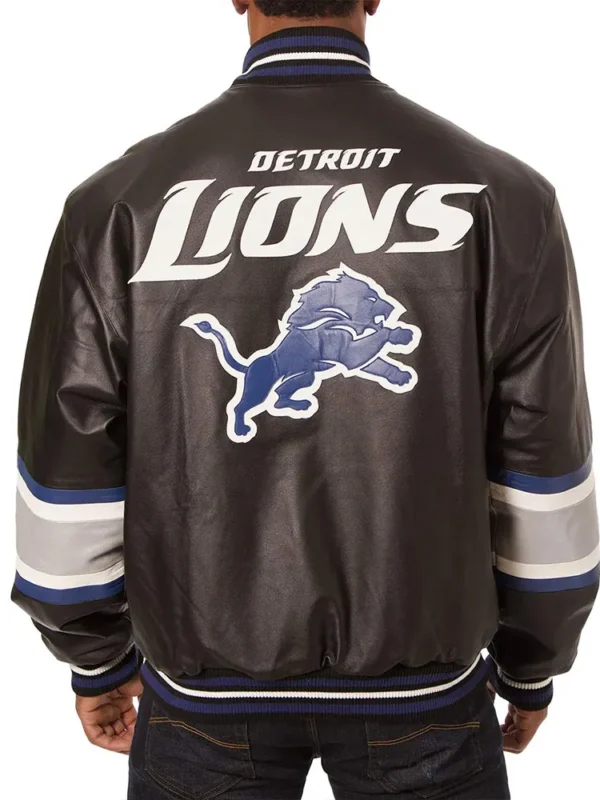 Detroit Lions Striped Varsity Black Leather Jacket