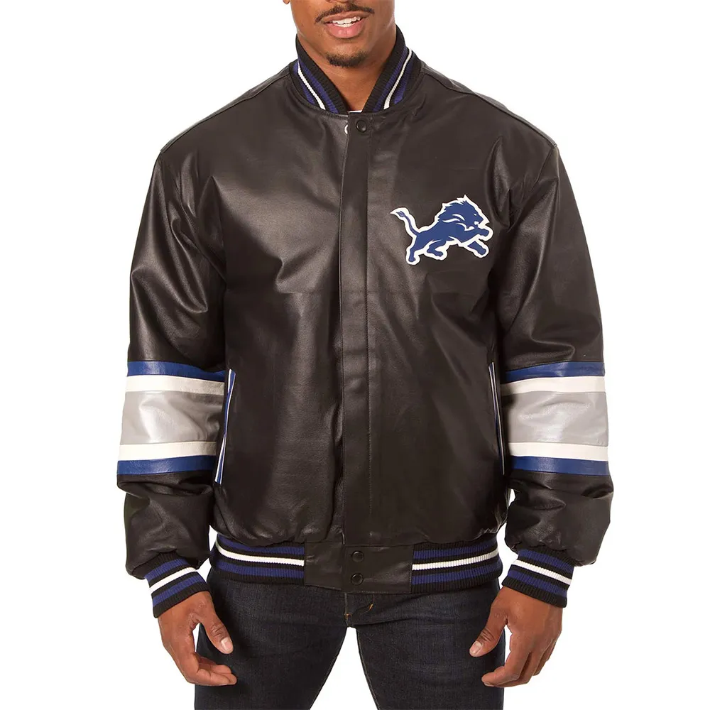 Detroit Lions Striped Varsity Black Leather Jacket Detroit Lions Striped Varsity Black Leather Jacket