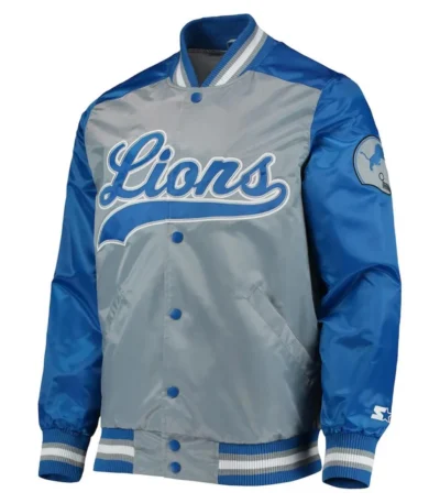 Detroit Lions The Tradition II Grey and Blue Varsity Satin Jacket