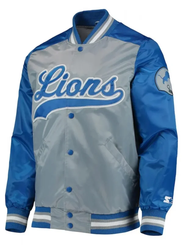 Detroit Lions The Tradition II Grey and Blue Varsity Satin Jacket
